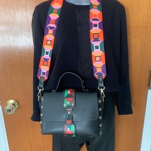 Colorful guitar strap + black studded matching bag